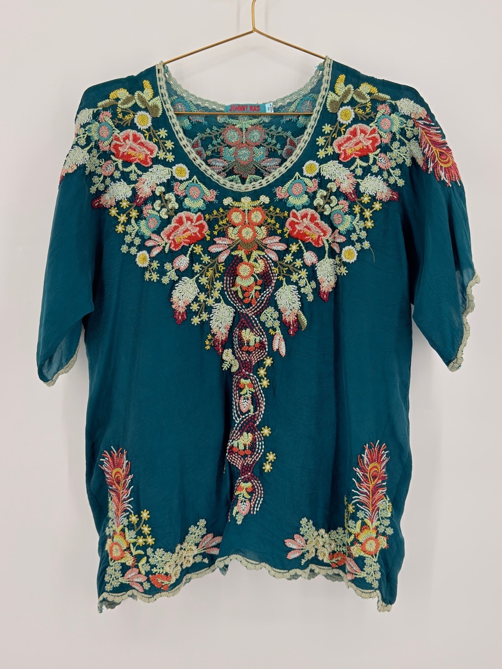 Johnny Was XS Teal Floral Embroidered Rayon Boho Blouse Top